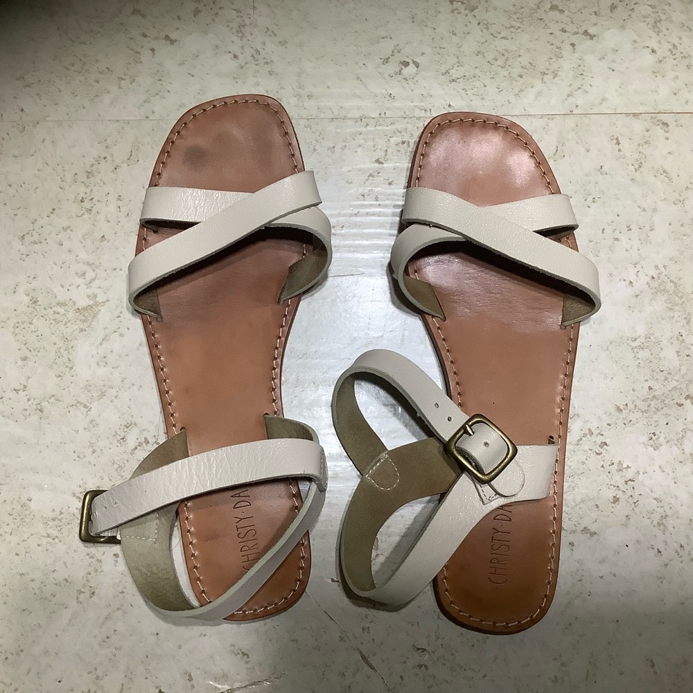 Christy Dawn Cream Leather Ankle-Strap Sandals - Picture 2 of 4